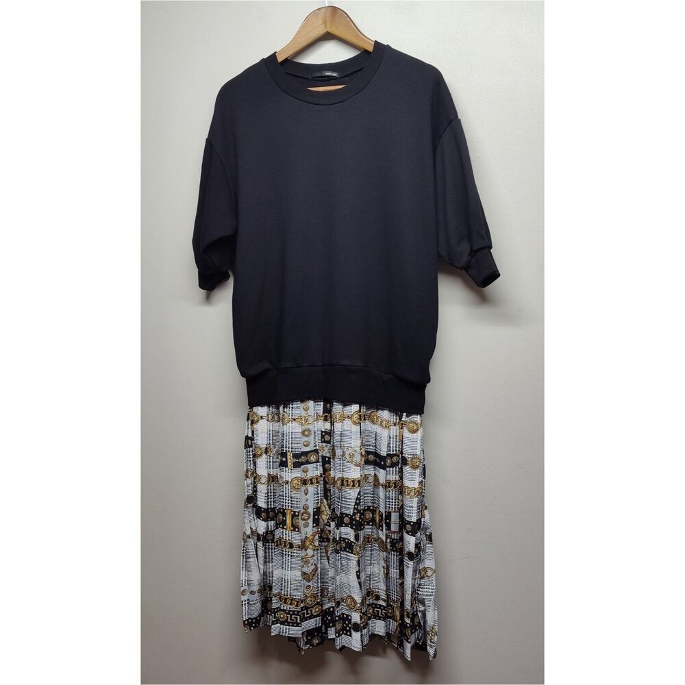 One Spo Midi Dress Women One Size Black Pleated Short Sleeve Fall Preppy Casual